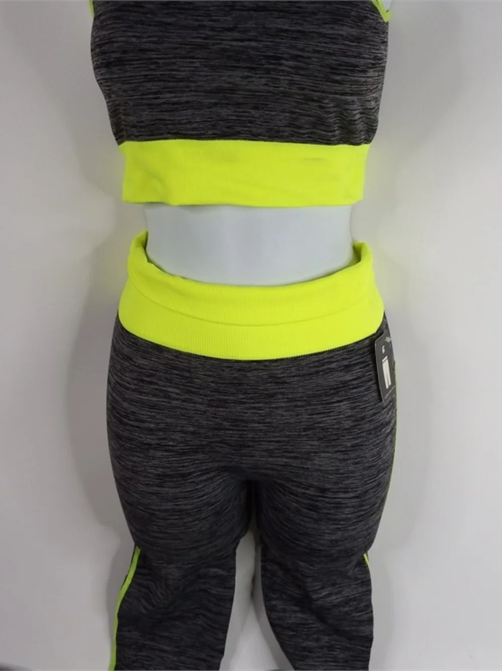 Neon Yellow & Charcoal Heather Women's Active Crop Top and Capri Set - Picture 7 of 8